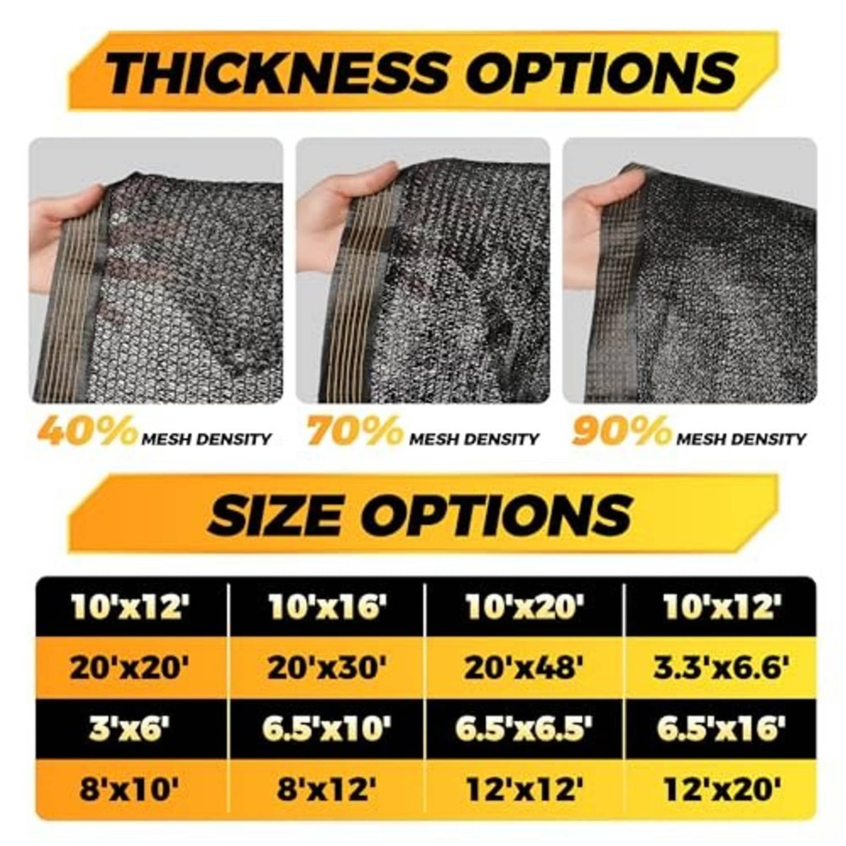 Shade cloth thickness and size options chart, including 3.3 x 6.6 ft option