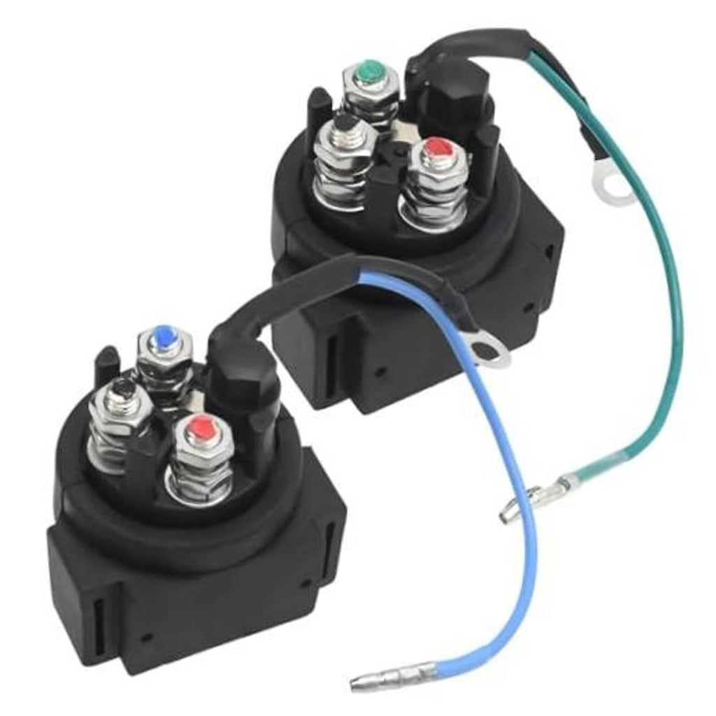 Pair of black power tilt-up/down relay solenoids with blue and green wires and terminals
