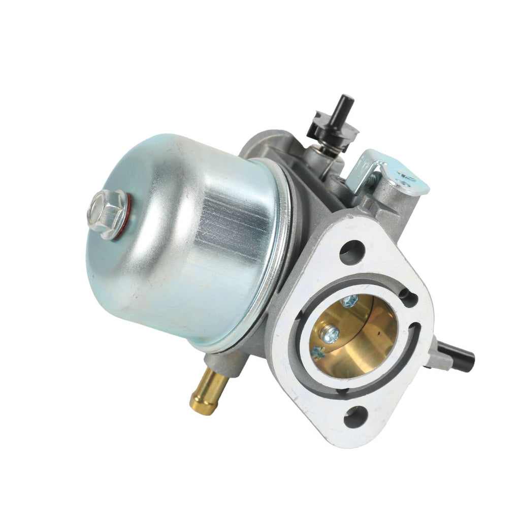 Carburetor with air intake opening, metal fuel canister, and attached inlet fitting