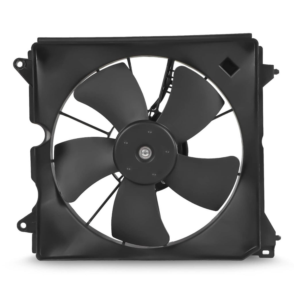 Driver-side radiator cooling fan assembly with black fan blades and mounting frame