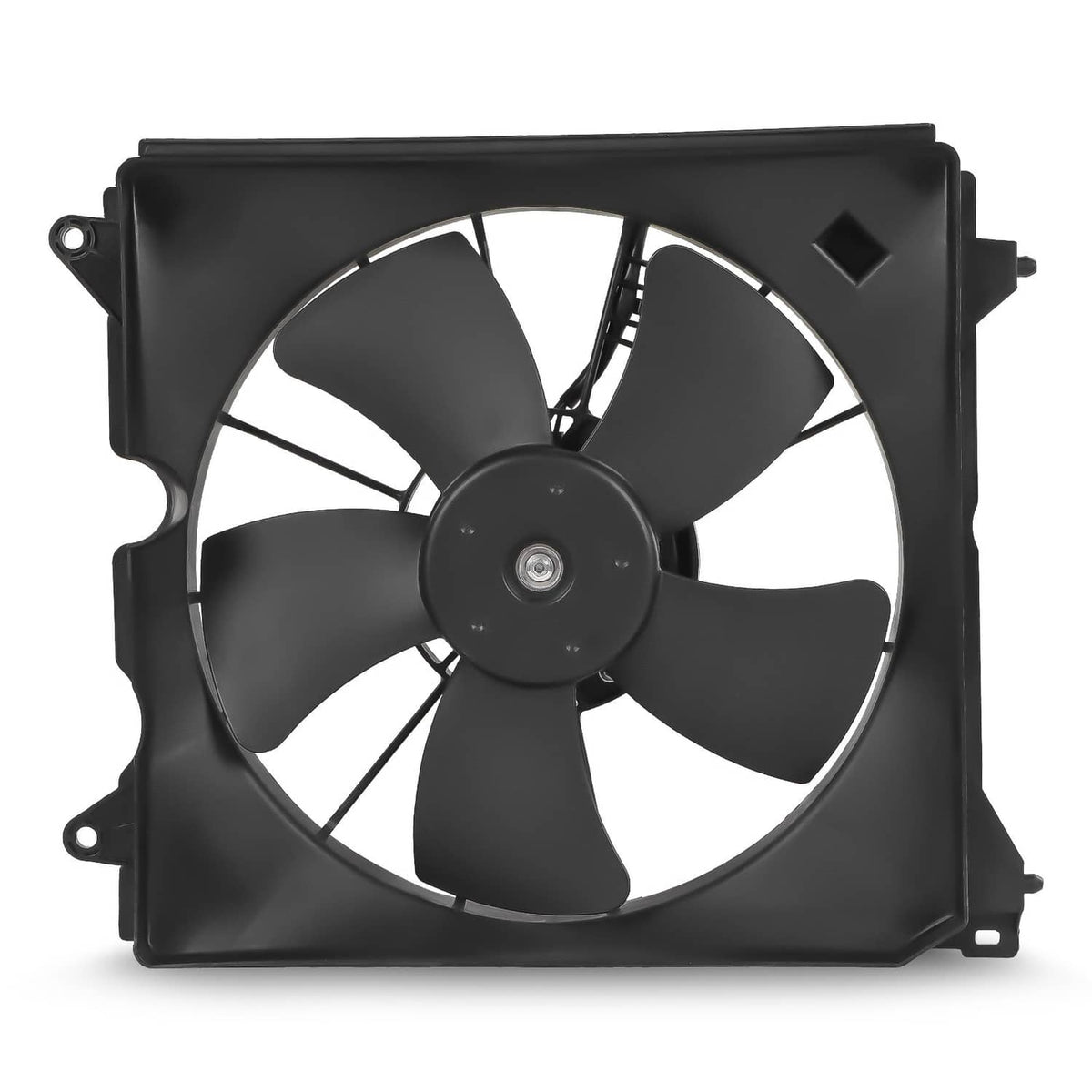 Driver-side radiator cooling fan assembly with black fan blades and mounting frame