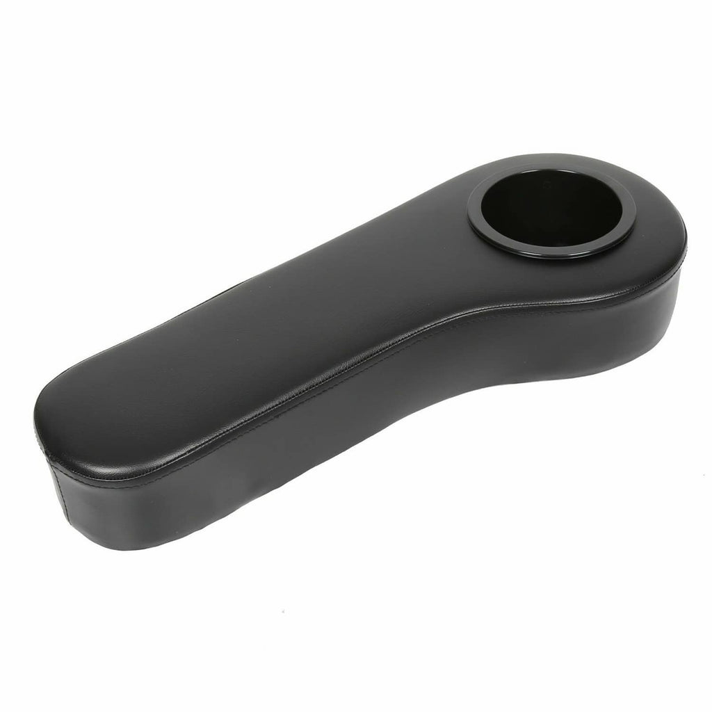 Golf cart rear arm rest with single round cup holder opening, black leather-look
