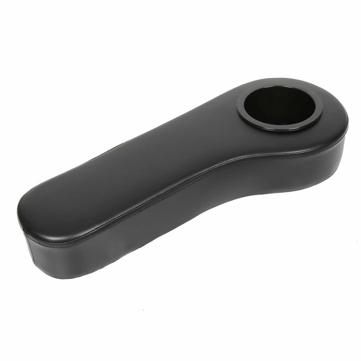 Golf cart rear arm rest with single round cup holder opening, black leather-look