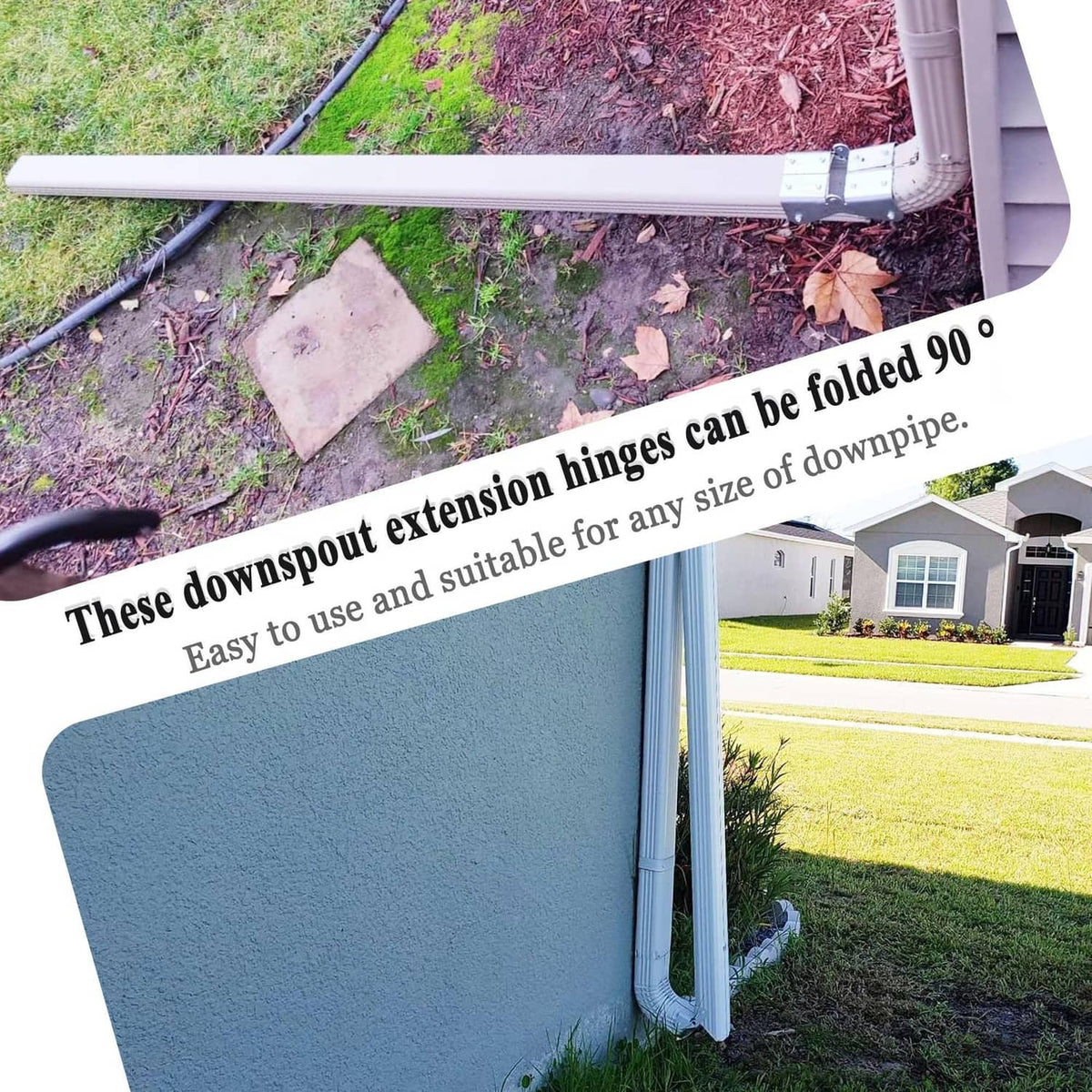 White flip-up downspout extension hinge mounted on a gutter downspout pipe