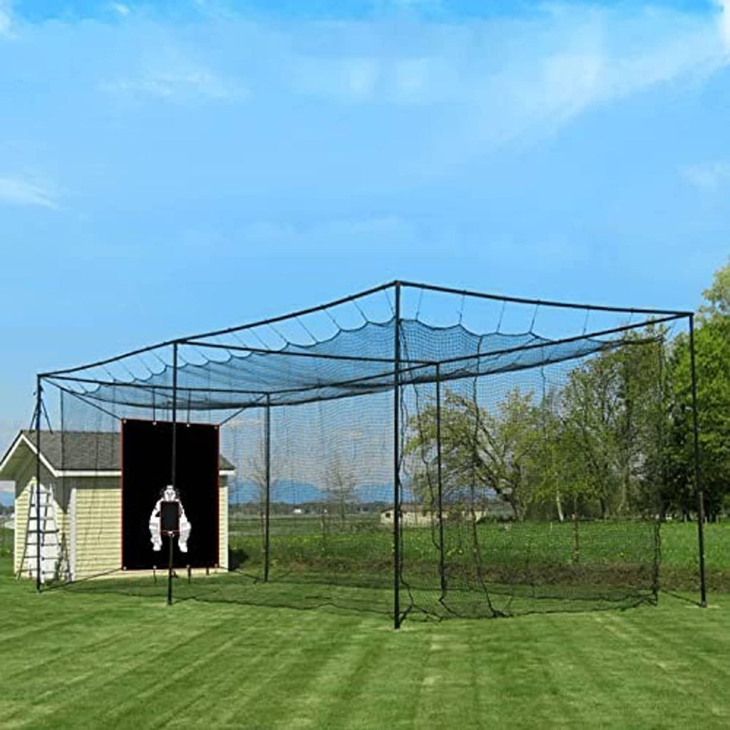 Large outdoor batting net enclosure with mesh sides and strike zone target panel