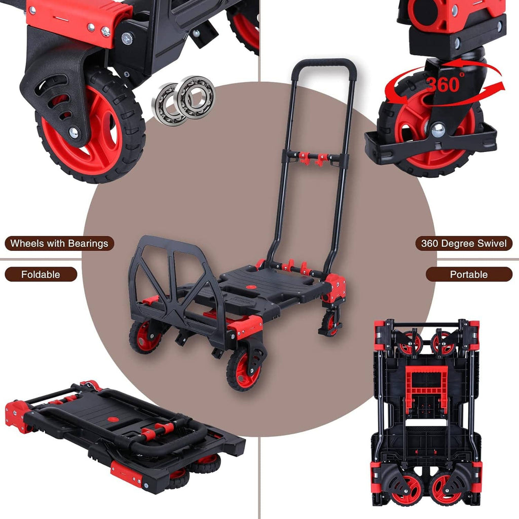 Foldable hand truck dolly with 360-degree swivel wheels, black platform and red frame
