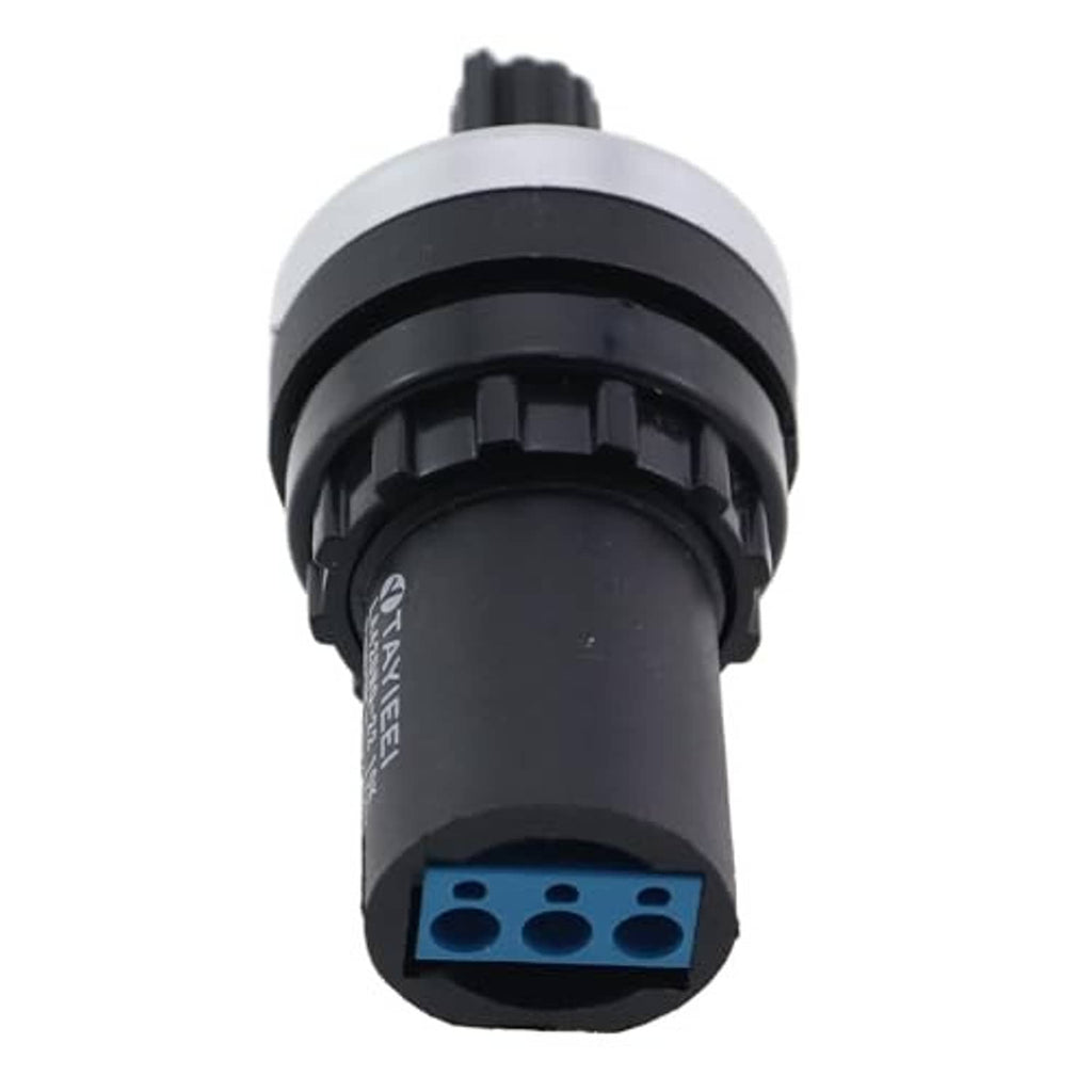Panel-mount potentiometer with locking tabs and blue 3-pin terminal connector