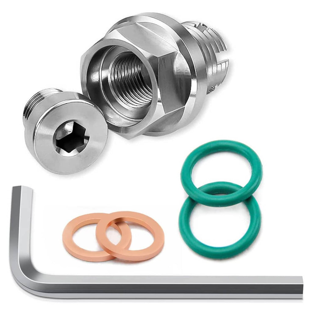 Oil drain plug repair kit set with piggyback plug, green O-ring, and copper rings