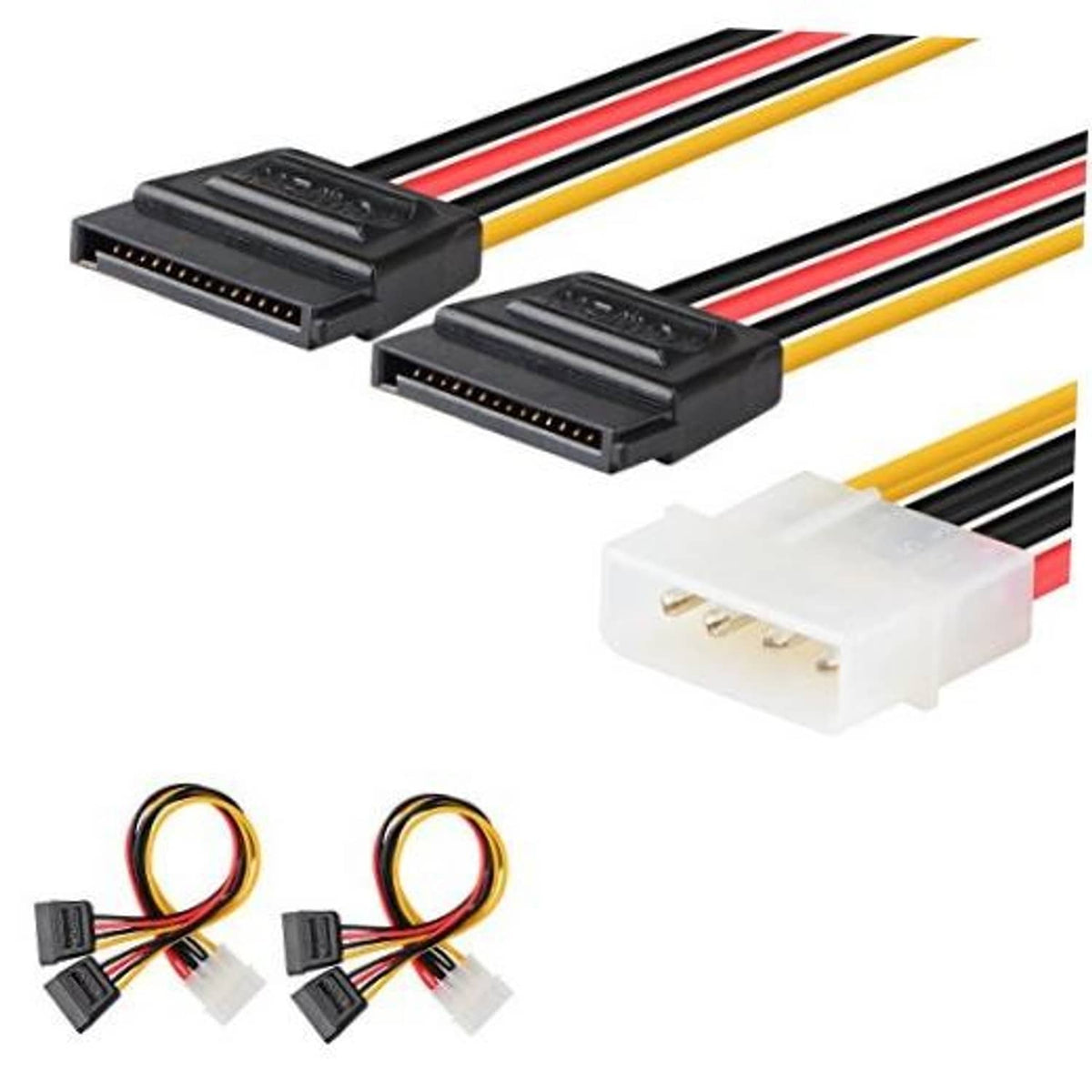 Dual SATA power Y-cable adapter with two SATA-style plugs and one 4-pin Molex plug