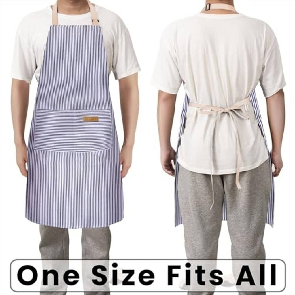 Back view of adjustable bib apron in blue pinstripe with waist tie