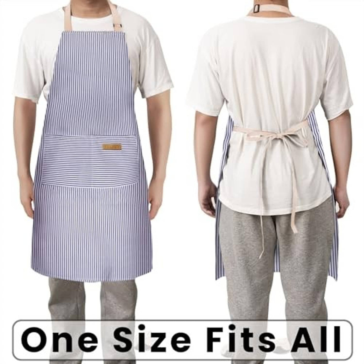 Back view of adjustable bib apron in blue pinstripe with waist tie