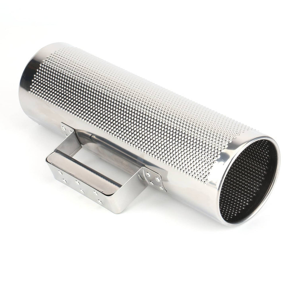 Perforated metal guiro cylinder with scraper and open end