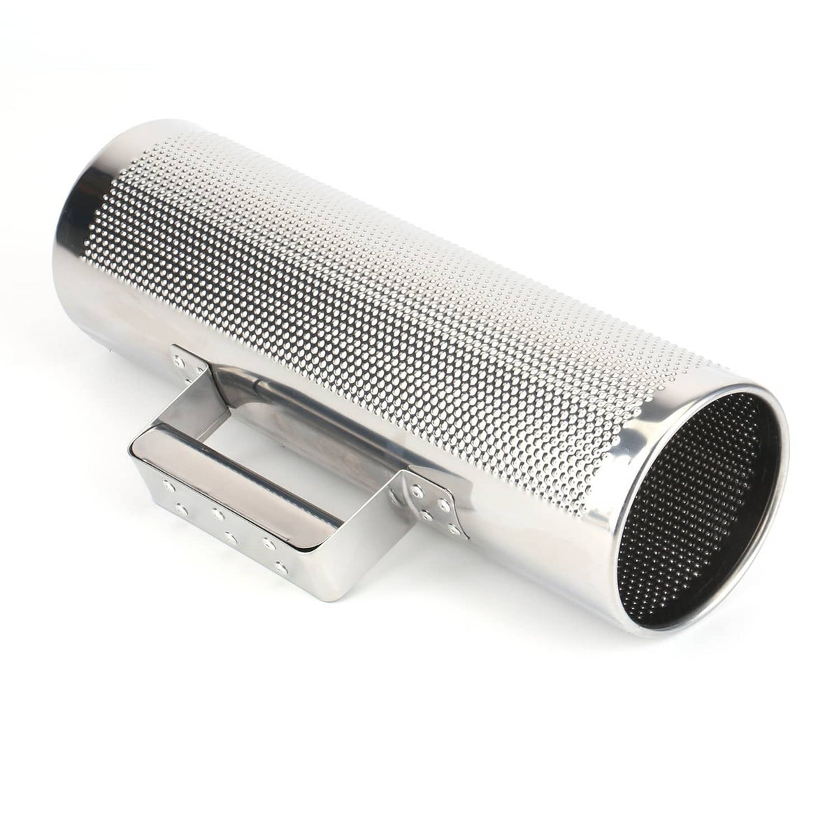 Perforated metal guiro cylinder with scraper and open end