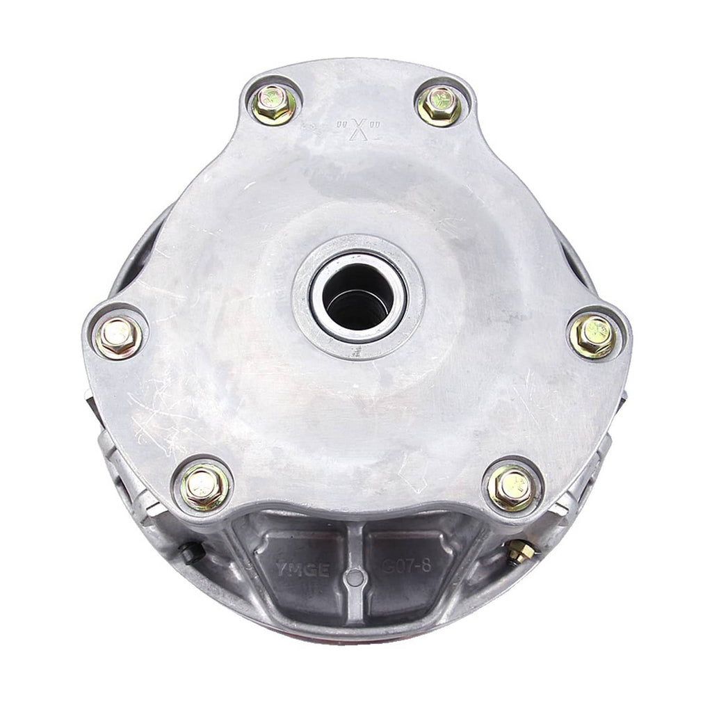 Round metal clutch cover with center bearing hole and four corner mounting bolts