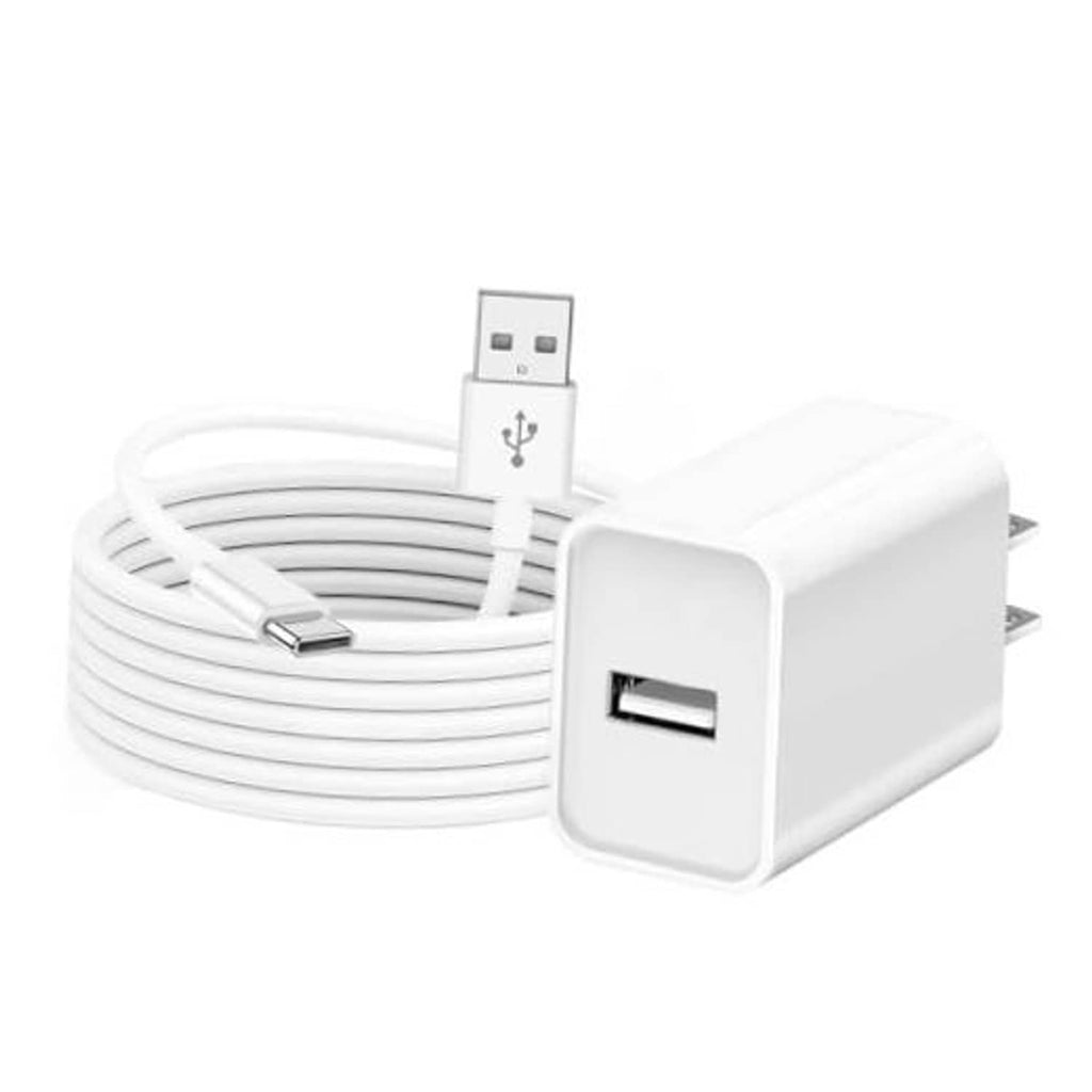 White coiled charging cable with USB-A plug and rectangular USB adapter