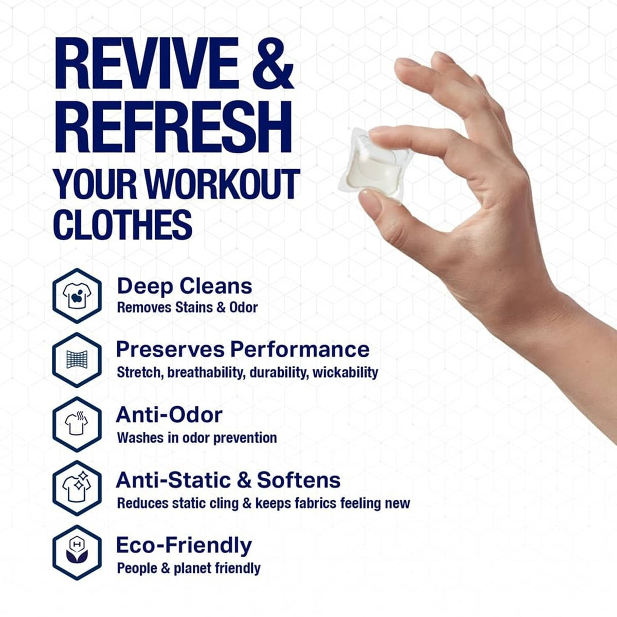 HEX Performance detergent single pack pod in hand for refreshing workout clothes