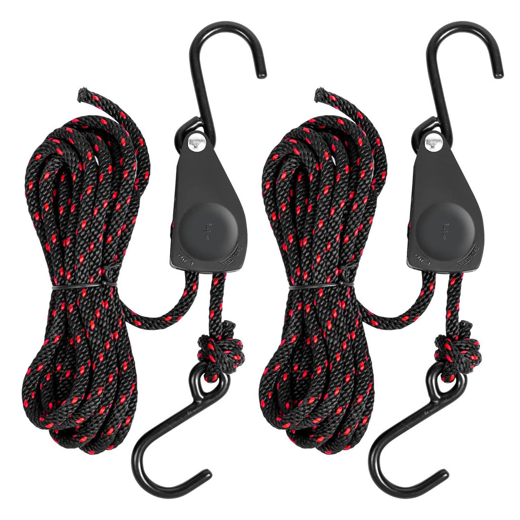 2-pack kayak tie-down straps with black coated hooks and red-black braided rope