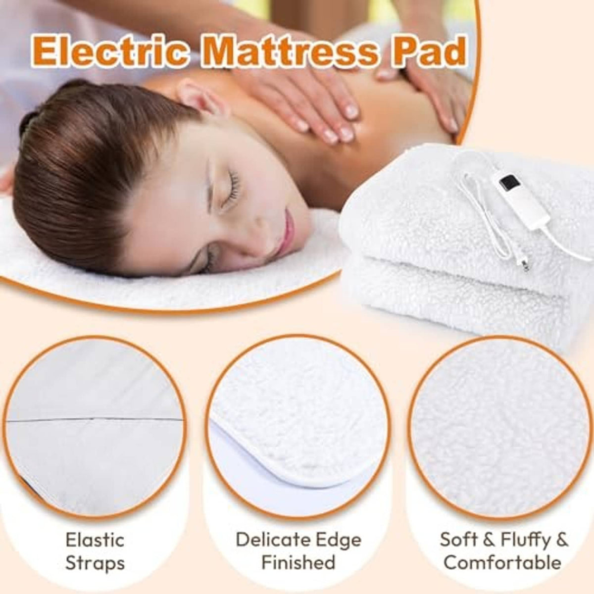 White electric mattress pad with controller box and textured, quilted warming surface.