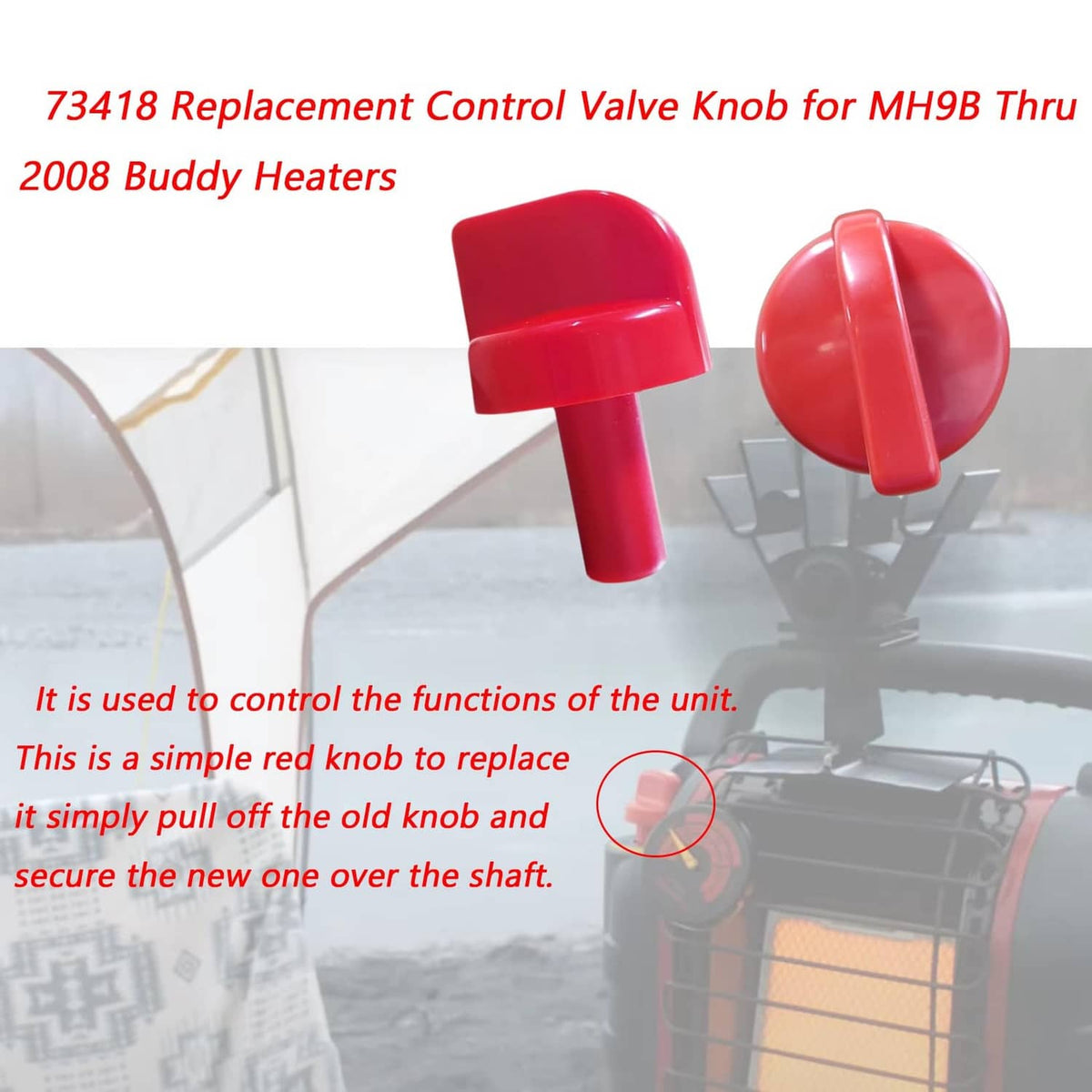 Red plastic control valve knob with domed cap and stem, shown on heater unit