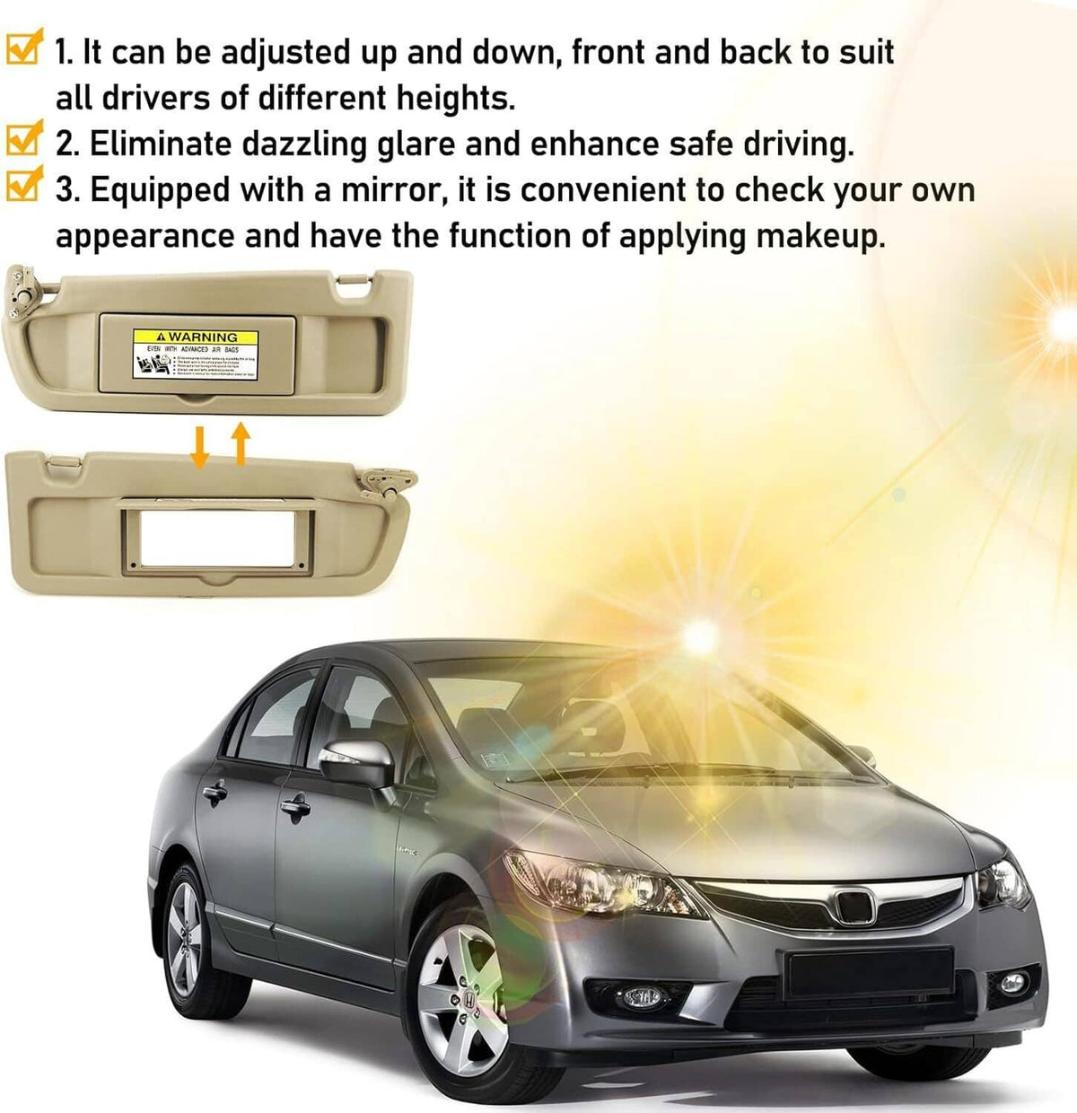 Beige sun visor pair with adjustable arm and mirror area for glare control.