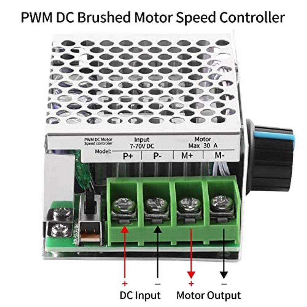 DC brushed motor speed controller with vented heatsink and green terminal block