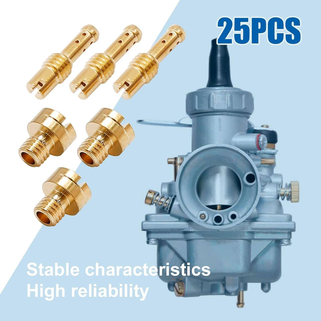 25 brass carburetor main jets with inserts, shown alongside a carburetor