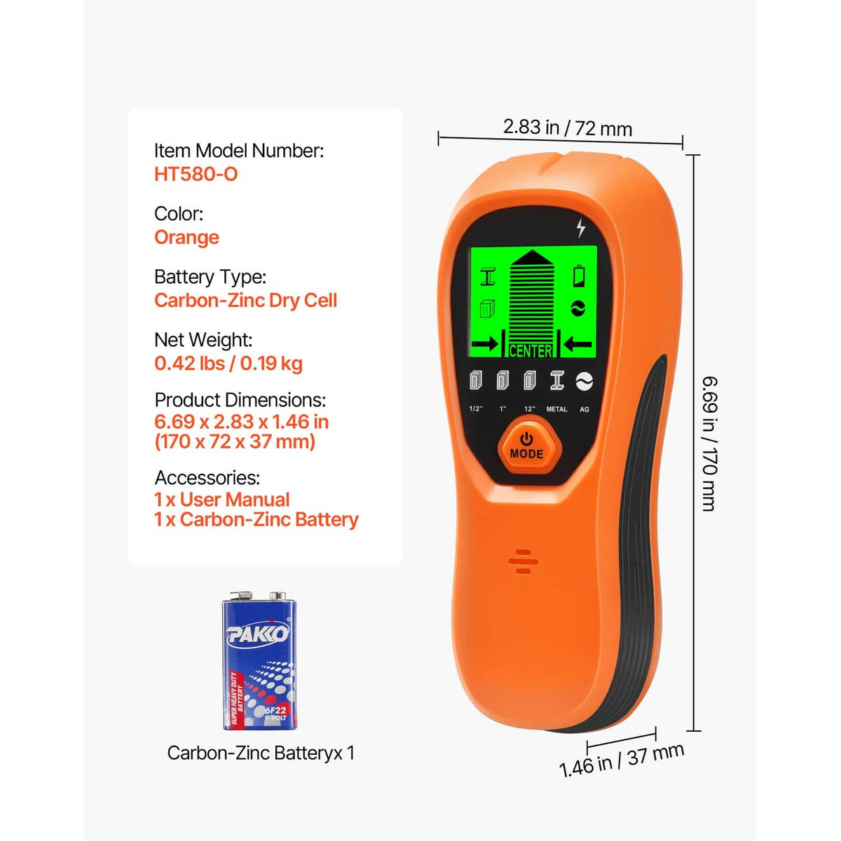 Orange wall scanner with front display and visible battery compartment