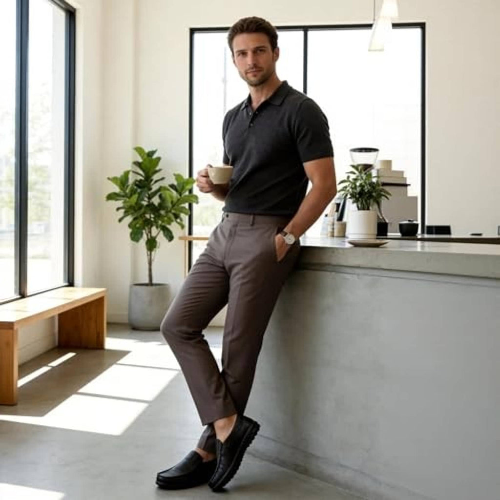 Black slip-on loafers with moc toe and tan lining, worn with dark trousers