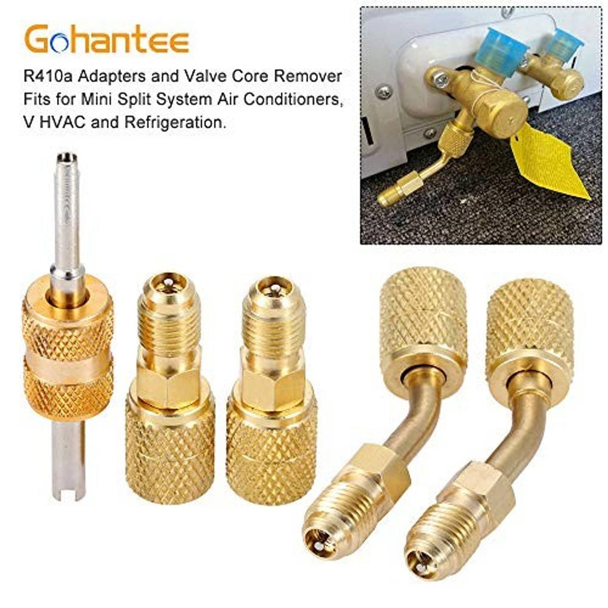Brass R410A adapter pair and valve core remover tool with copper-colored flare fittings