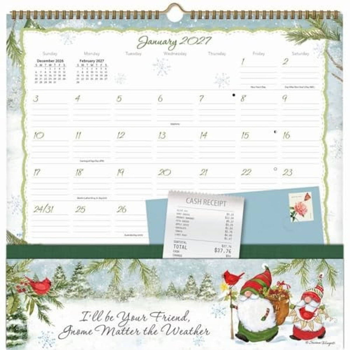 January 2027 page of gnome-themed 2027 pocket calendar with cash receipt