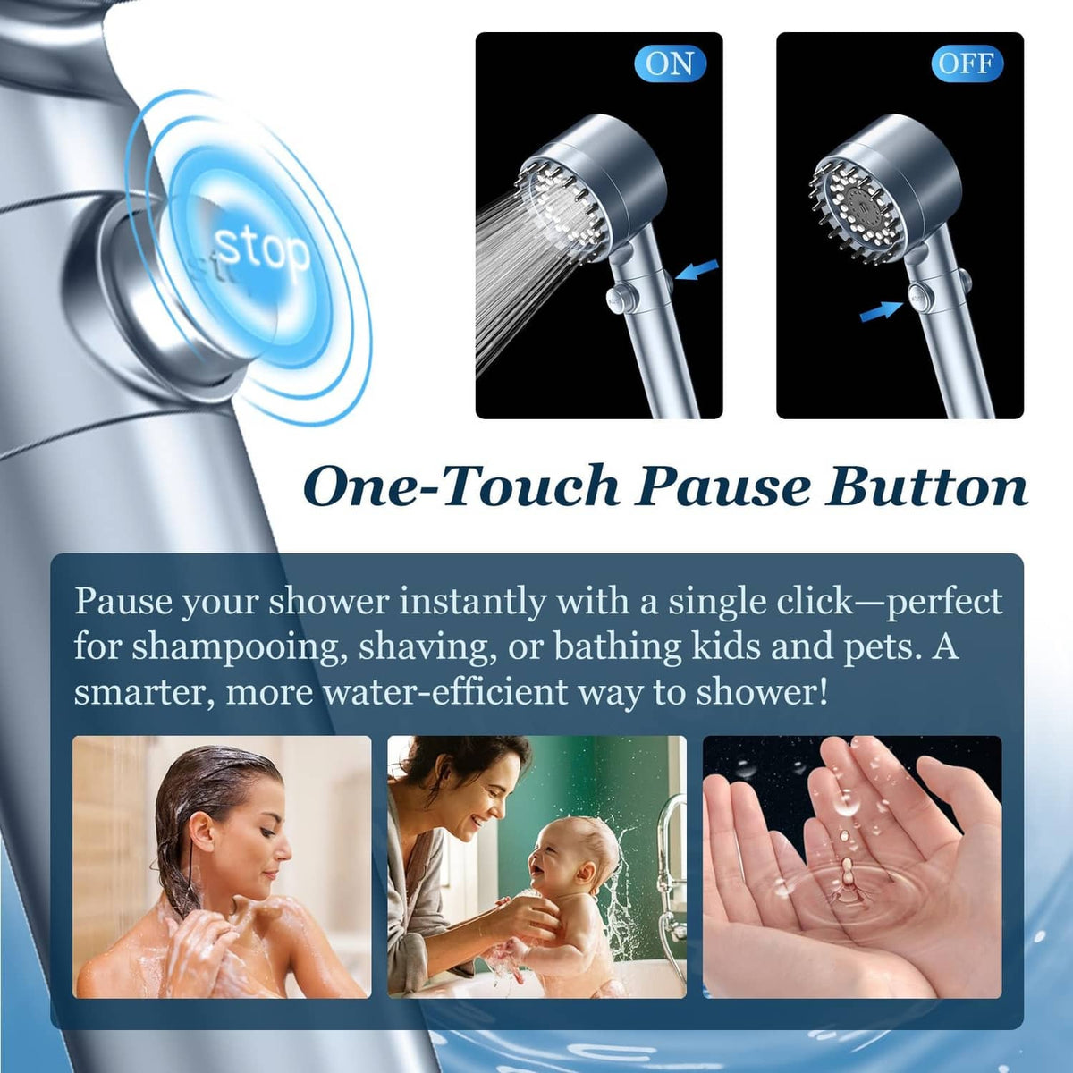 Shower head handle with one-touch pause button and spray head detail