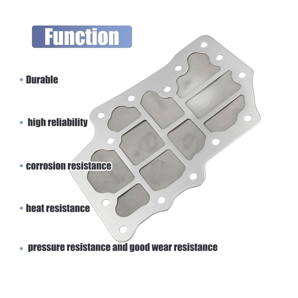 Metal transmission oil filter pan plate with gasket mounting bolt holes