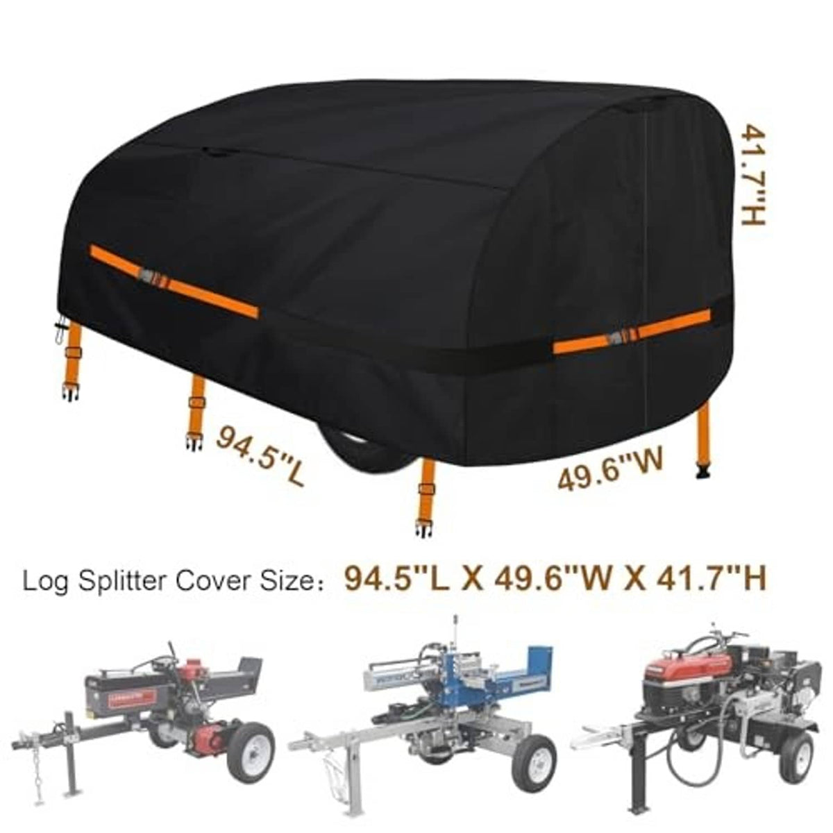 Black log splitter cover with orange stripe accents and side tie-down points
