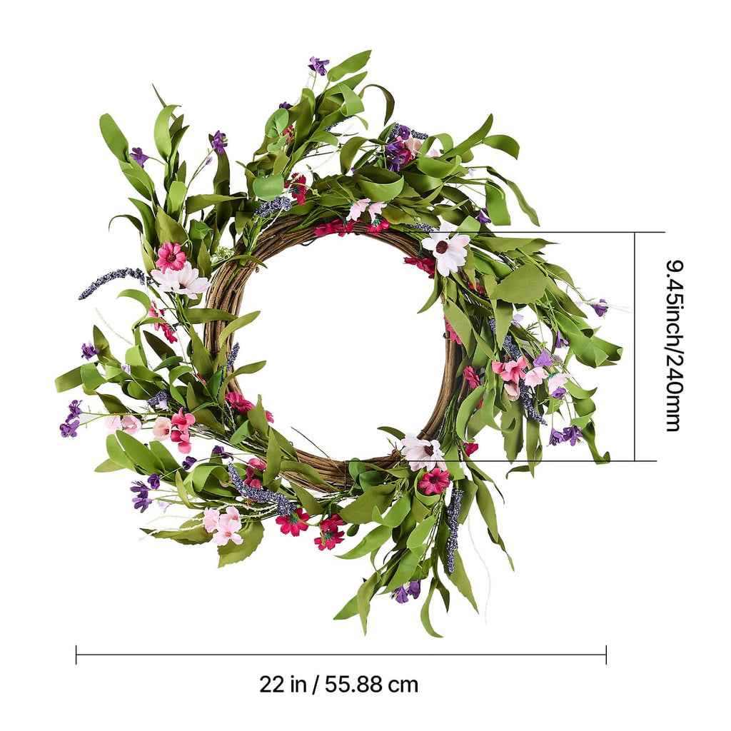 Artificial flower wreath with green leaves and pink, white, purple flowers, 22 in wide