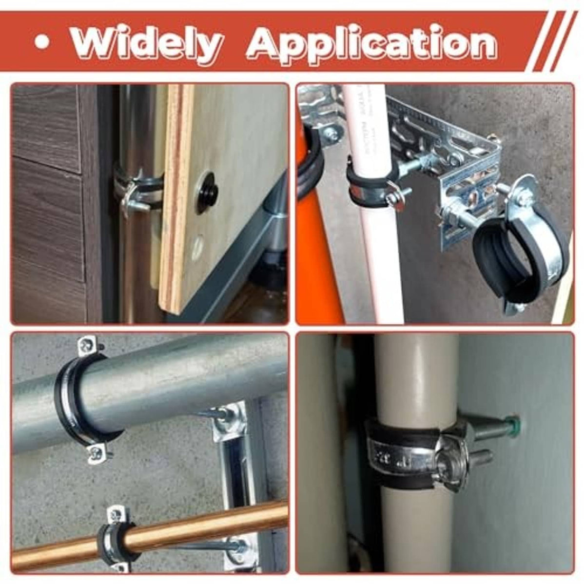 Split-ring pipe clamps fastening metal pipes with black rubber rings and metal brackets