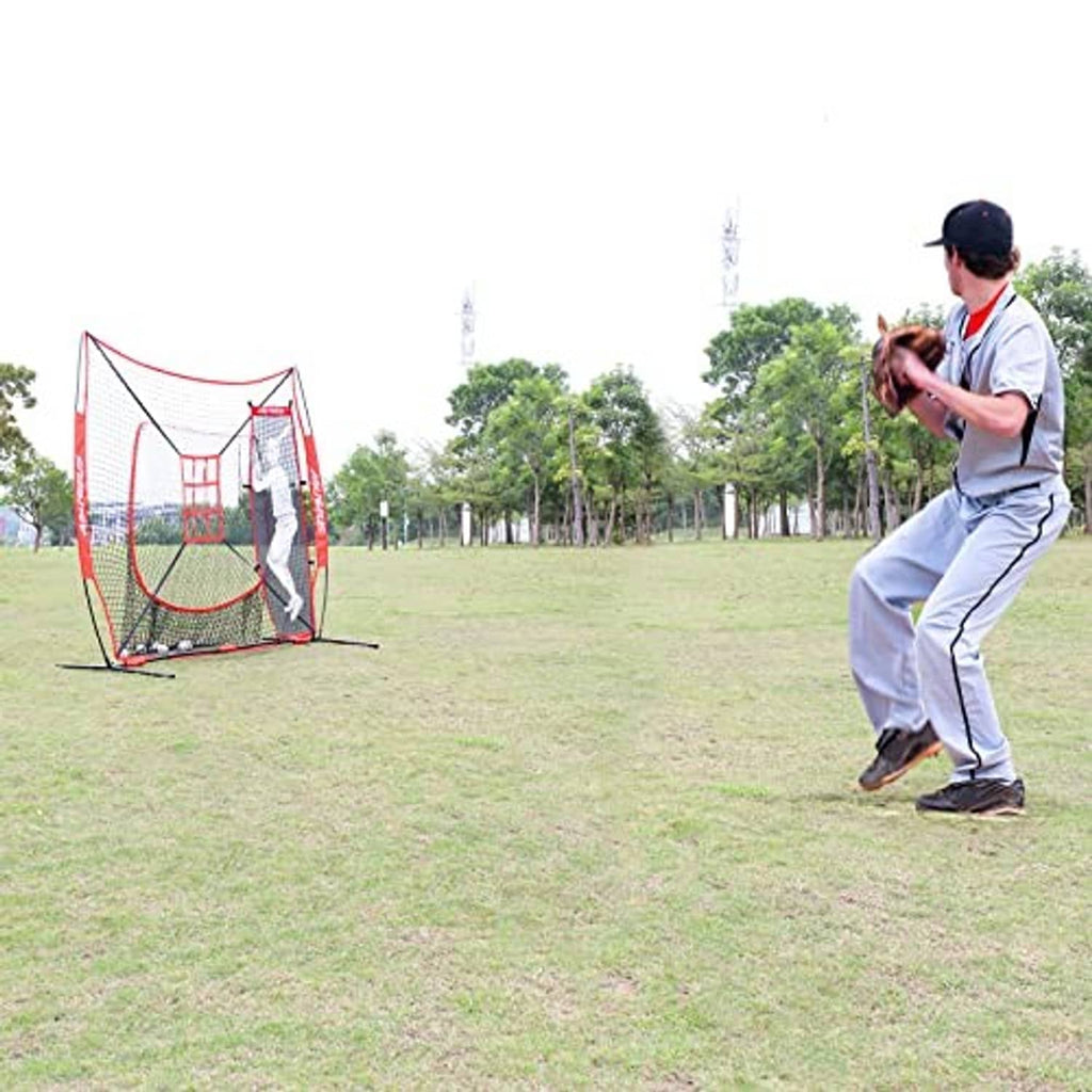 Baseball practice net beside player with red mesh, black frame, and batter dummy for practice
