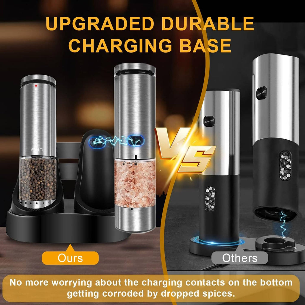 Pair of stainless electric salt and pepper grinders on charging base with blue light