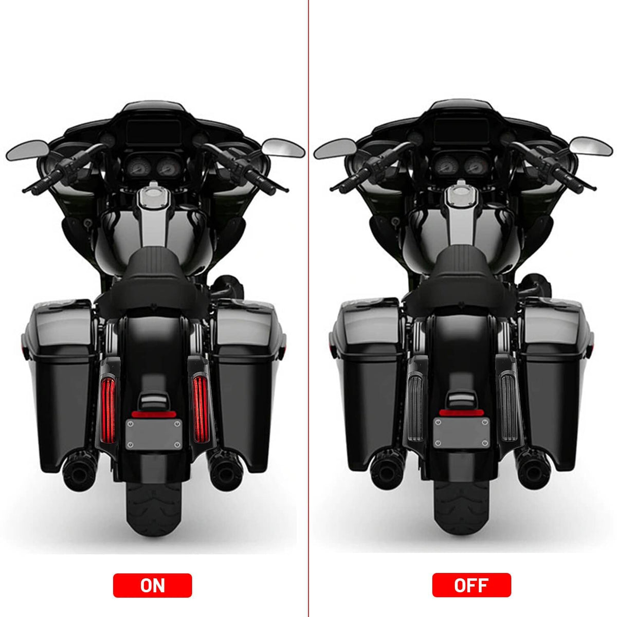 Motorcycle rear with LED vertical light bars switched on, housed in black fender fascia
