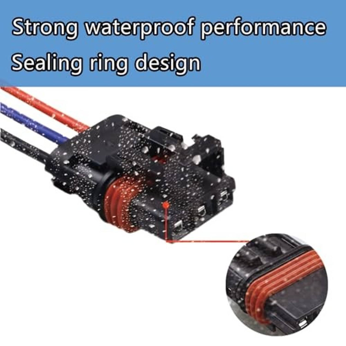 Sealing ring pulse power plug with black housing and red, blue, white wire leads