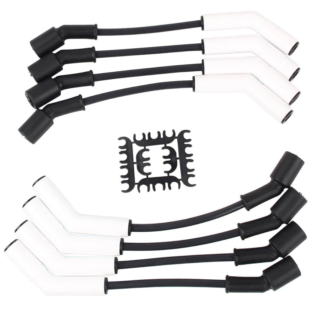 Spark plug wire set with alternating black and white boots and metal retainer clips