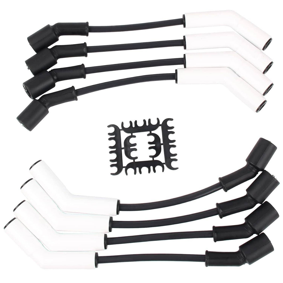 Spark plug wire set with alternating black and white boots and metal retainer clips
