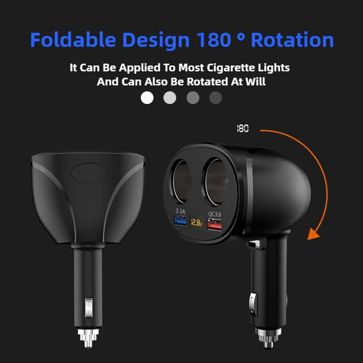Foldable black dual USB car charger with rotating plug and QC3.0 ports