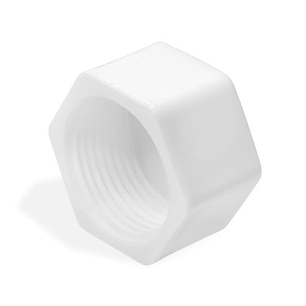 White hex PVC pipe cap with female thread opening and smooth outer walls