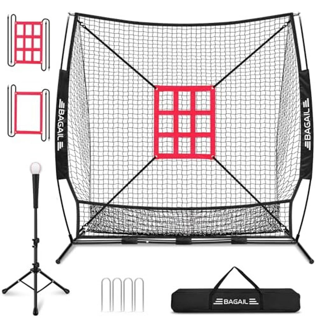 Black mesh batting training net with red strike zone target, tripod stand and carry bag