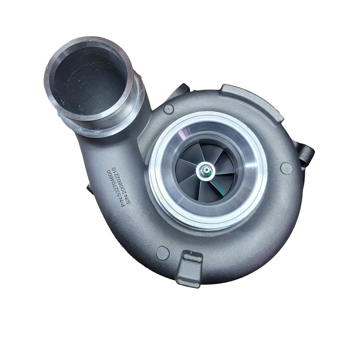 Turbocharger with black outlet housing and visible turbine wheel opening, side view