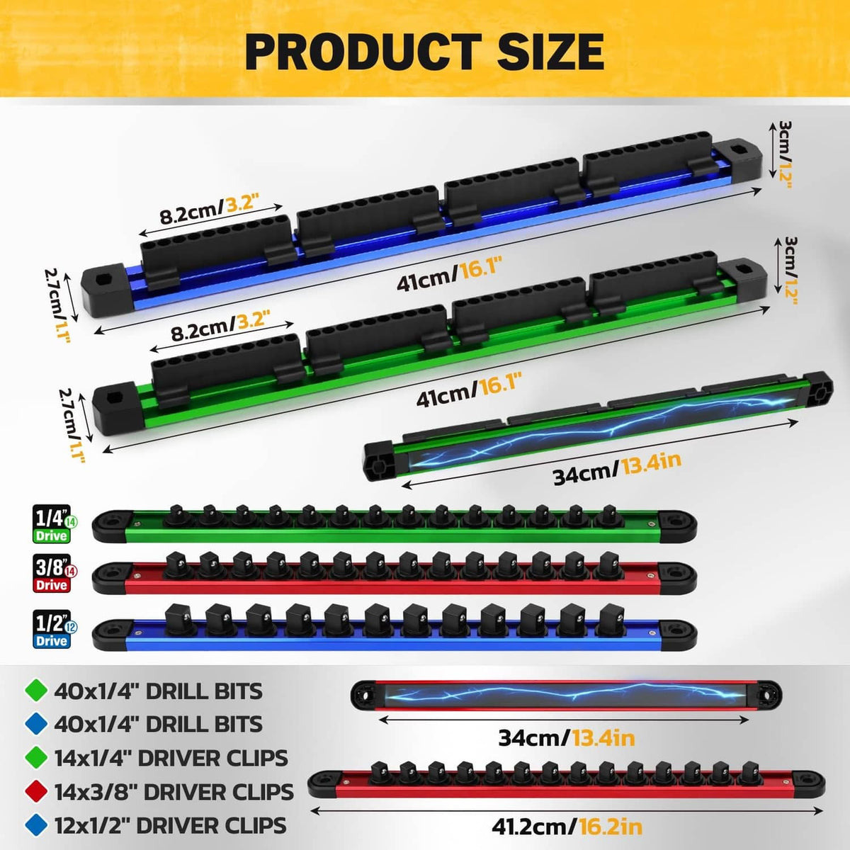 Magnetic socket and bit organizer rails size layout with blue and green rows