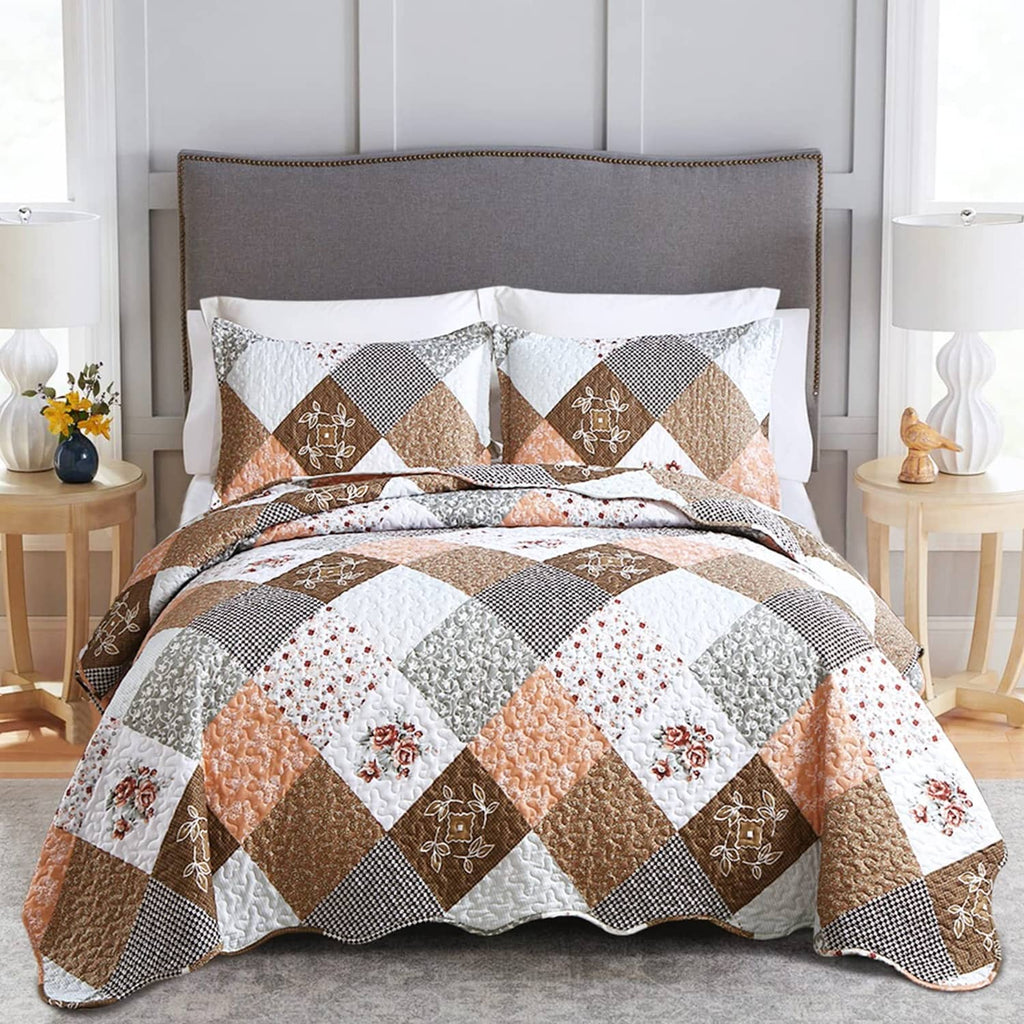 Reversible twin quilt set with brown floral plaid patchwork and white backing