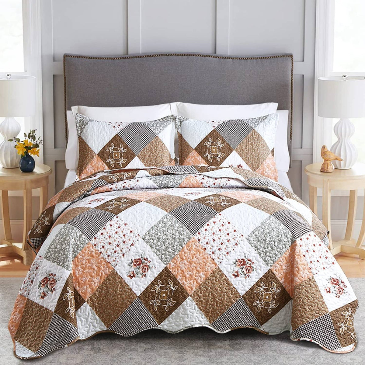 Reversible twin quilt set with brown floral plaid patchwork and white backing