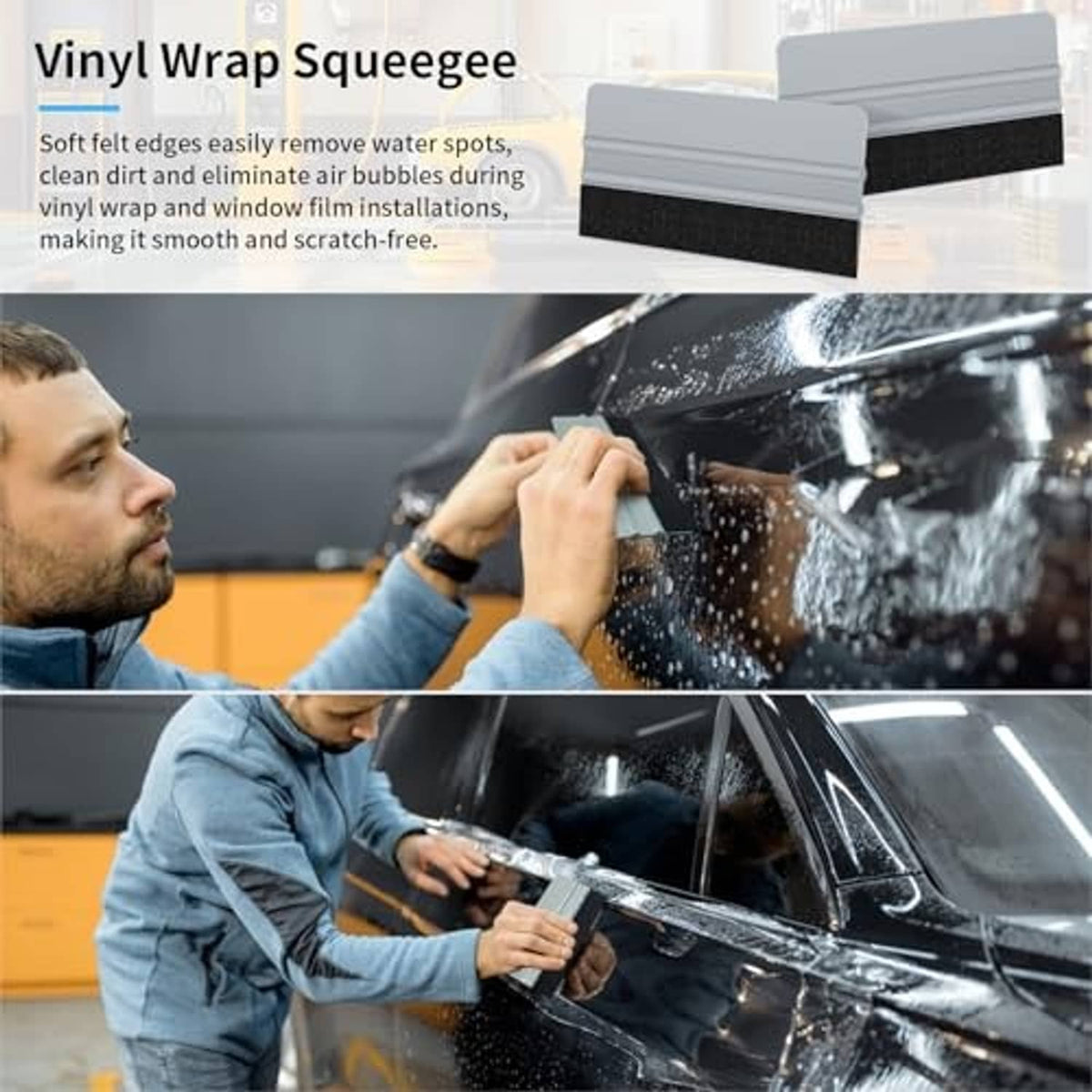 Vinyl wrap squeegee tool pressing black felt edge over protective film