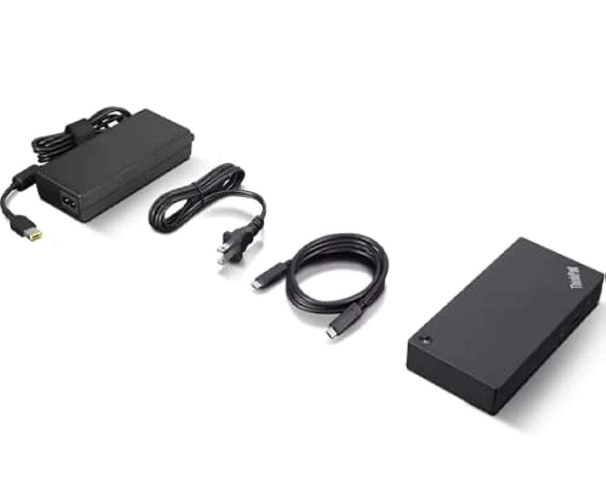 Black USB-C dock with power adapter and cable set